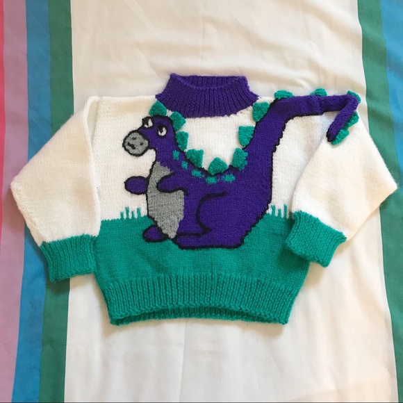 Vintage 80s Knit Dinosaur Sweater - Picture 1 of 3